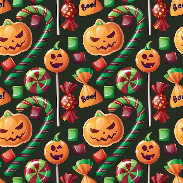 Бесшовный узор со сладостями хэллоуина на темном фоне печенье в виде тыквенных конфет