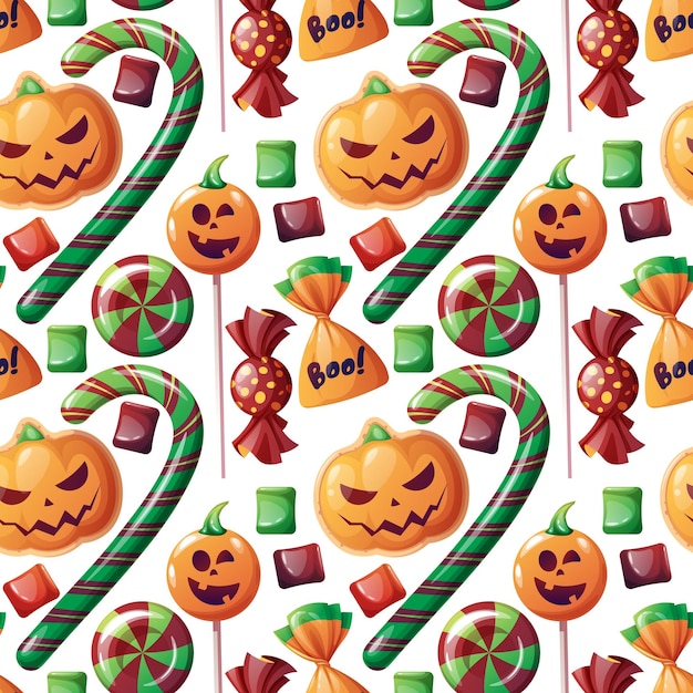 Seamless pattern with Halloween sweets on a white background Cookies in the form of pumpkin candy
