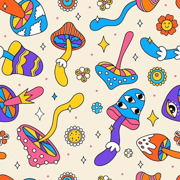 Seamless pattern with hallucinogenic mushrooms. Drawings in the style of doodle hippies. Retro for f