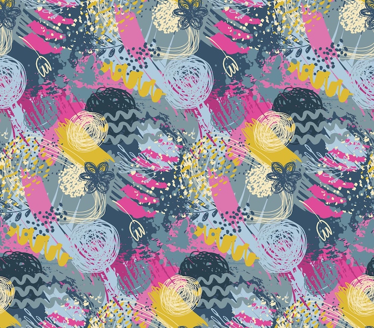 Vector seamless pattern with hand drawn abstract ink texture and floral nature motif. colorful endless vector background.