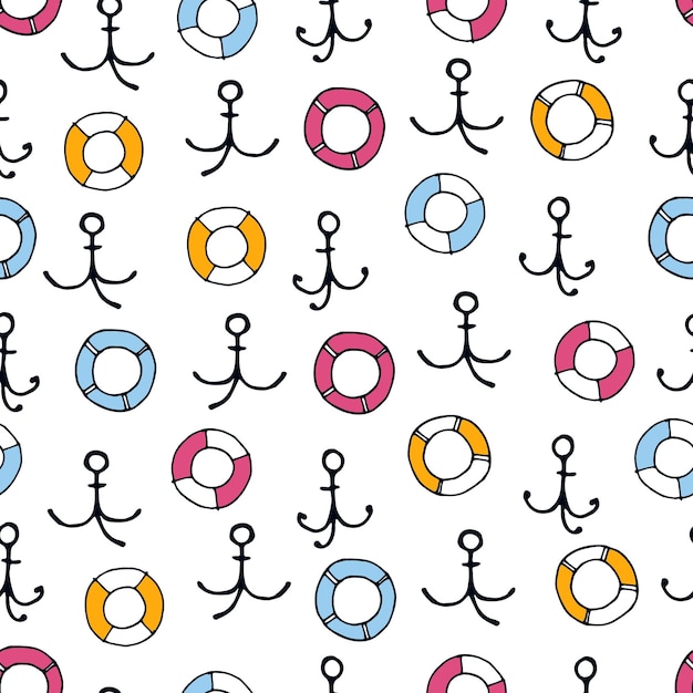 Seamless pattern with hand drawn anchors lifesavers on white background for surface design and other design projects Boating sailing and fishing concept