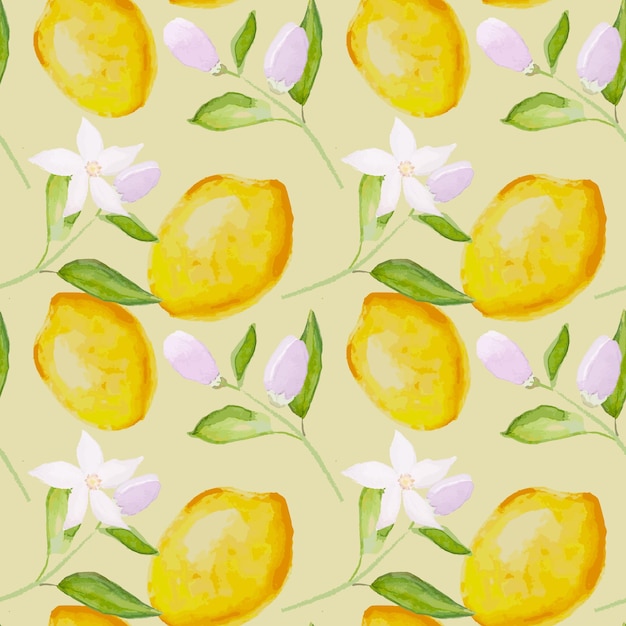 Seamless pattern with hand drawn blooming lemon tree branches and lemons