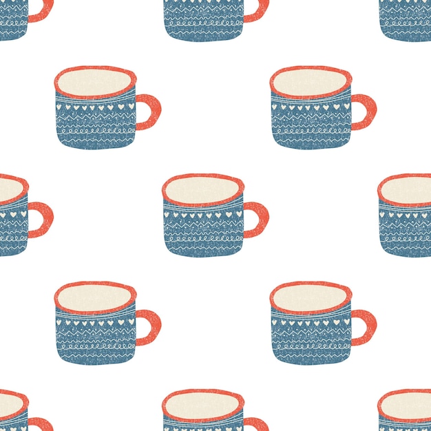 Vector seamless pattern with hand drawn blue cups illustrations on white background autumn and winter mood scandinavian style