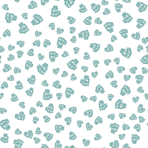 Seamless pattern with hand-drawn blue doodle hearts on white background