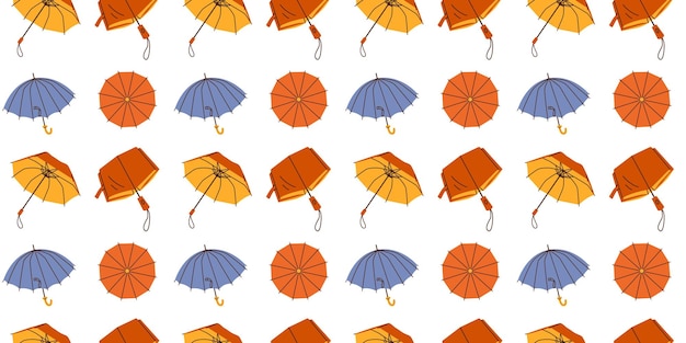 Seamless pattern with hand drawn blue red yellow umbrellas on white background in flat cartoon style