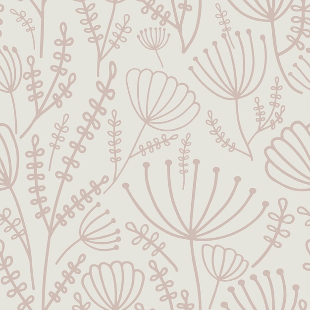 Seamless pattern with hand drawn botanical elements delicate pastel color