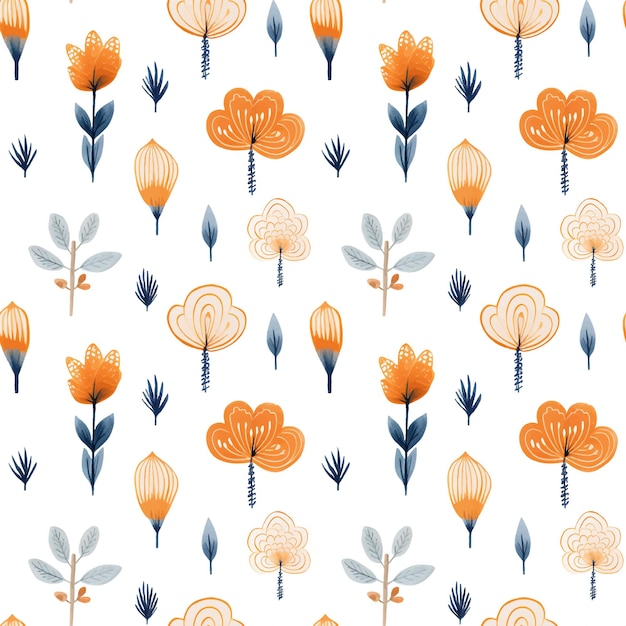 Seamless pattern with hand drawn branch leaves flowers Vector pattern folklore ethnic style