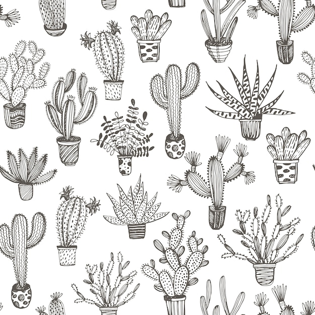 Vector seamless pattern with hand drawn cactus in a pot.