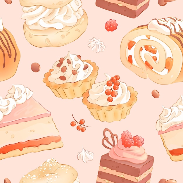 Vector seamless pattern with hand drawn cakes and berries