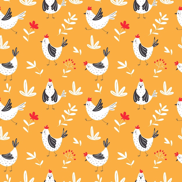 seamless pattern with hand drawn chickens.