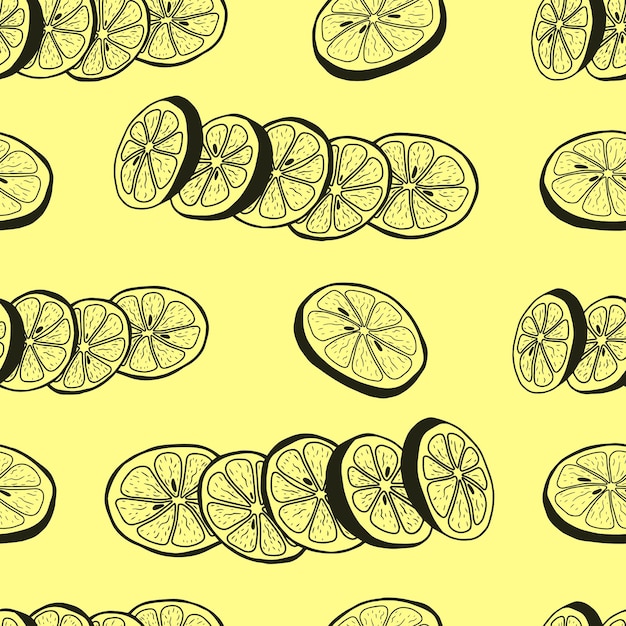 Бесшовный узор с нарисованными вручную ломтиками цитрусовых лимонов Doodle ломтики лимона в бесшовном узоре