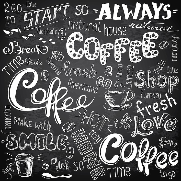Vector seamless pattern with hand drawn coffee elements lettering text cups mugs and beans