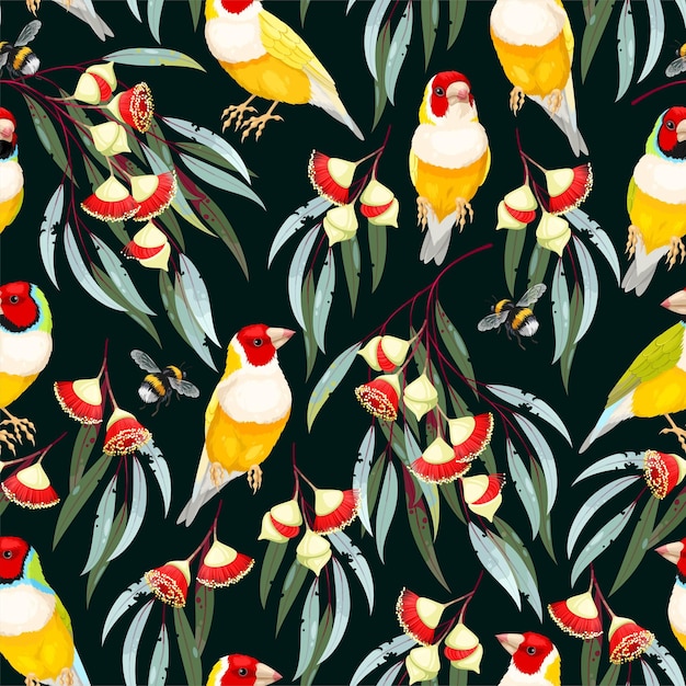 Vector seamless pattern with hand drawn colored eucalyptus flowers and birds