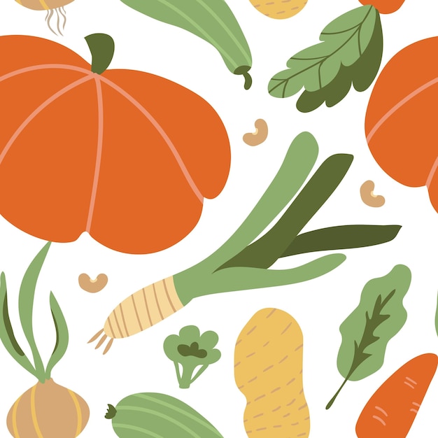 手描きのカラフルな落書き野菜とのシームレスなパターン。ベクトルテクスチャ。ベジタリアンの健康食品。ビーガン、農場、有機、自然の壁紙