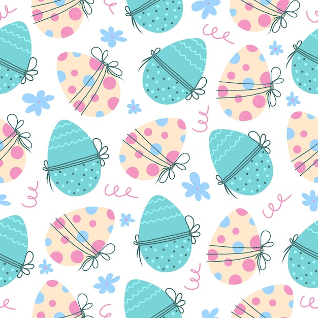 Seamless pattern with hand drawn colorful easter eggs in a white background