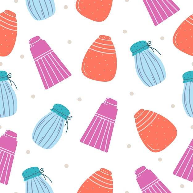 Seamless pattern with hand drawn colorful jars for products kitchen utensils and utensils