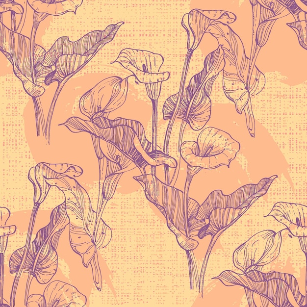 Seamless pattern with hand drawn cosmetic plants calla flowers