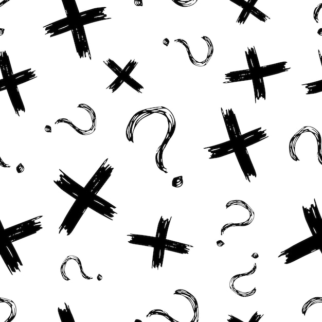 Seamless pattern with hand drawn cross and question mark symbols black sketch cross symbol on white background vector illustration