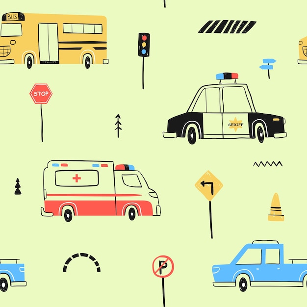 Seamless pattern with hand drawn cute car