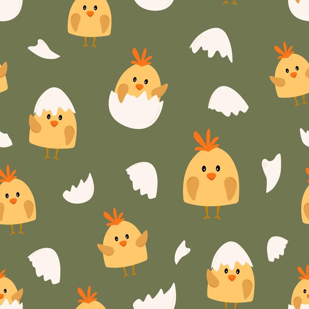 Vector seamless pattern with hand drawn cute cartoon chicks and eggshells flat style