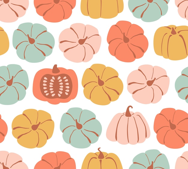 Seamless pattern with hand drawn cute pumpkin in cartoon style