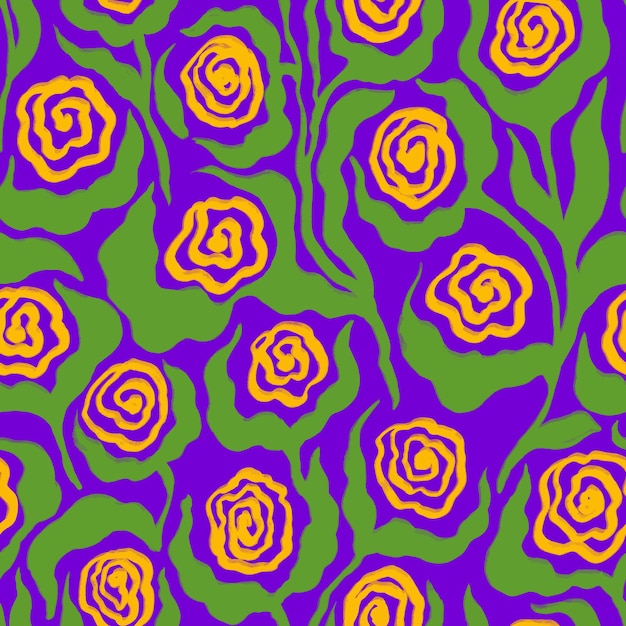 Vector seamless pattern with hand drawn decorative floral motif abstract yellow spiral roses leaves