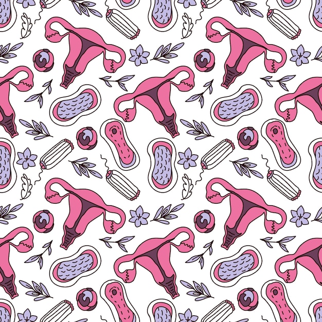 Seamless pattern with hand drawn doodle female reproductive organs hygiene Vector illustration