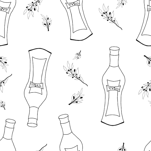 Вектор Бесшовный рисунок с нарисованной вручную бутылкой вермута мартини с оливковой ветвью на этикетке