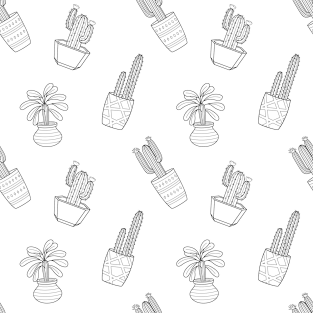 Motivo senza cuciture con cactus in vaso con contorno doodle disegnato a mano pianta domestica succulenta lineare illustrazione vettoriale in bianco e nero su sfondo bianco