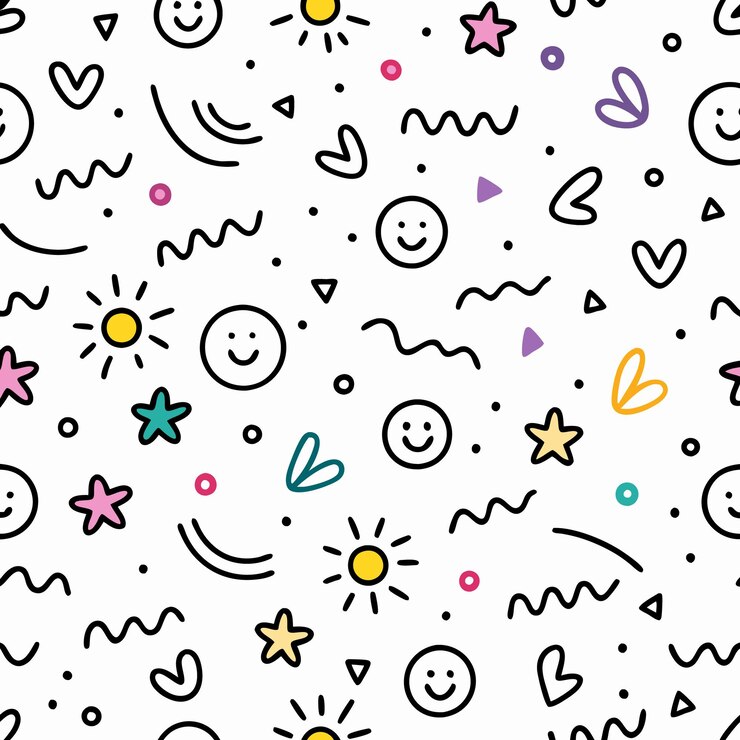 Seamless pattern with hand drawn doodles of smiley faces hearts stars and suns on white background