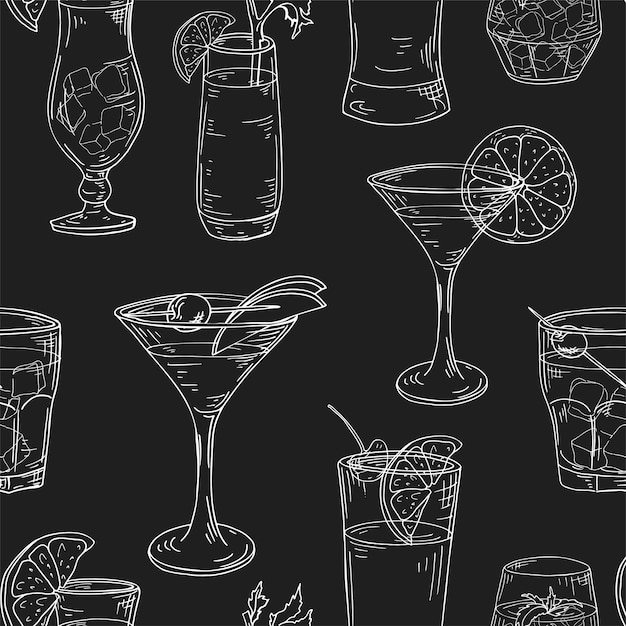Seamless pattern with hand drawn elements. cocktails on white background. vector illlustration.