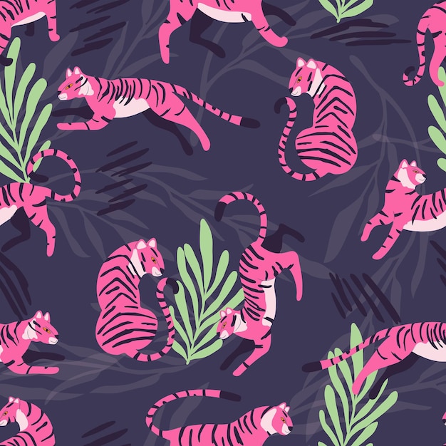 Seamless pattern with hand drawn exotic big cat pink tiger with tropical plants and abstract elements on purple background Colorful flat vector illustration