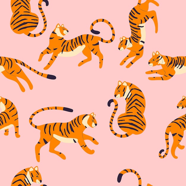 Seamless pattern with hand drawn exotic big cat tiger on bright pink background Colorful flat vector illustration