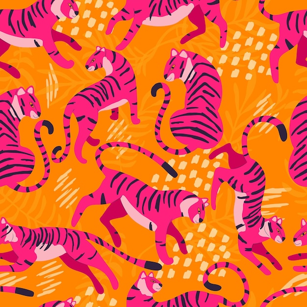 Seamless pattern with hand drawn exotic big cat tiger in bright pink with tropical plants and abstract elements on vibrant orange background Colorful flat vector illustration