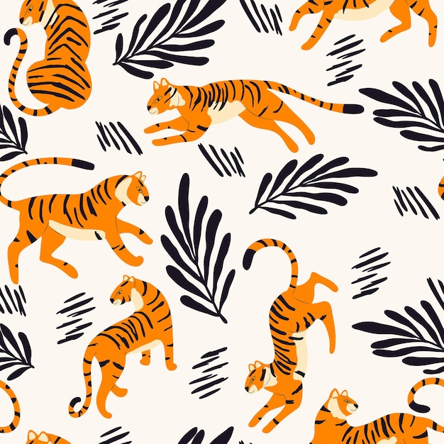 Seamless pattern with hand drawn exotic big cat tiger with tropical plants and abstract elements on cream background Colorful flat vector illustration