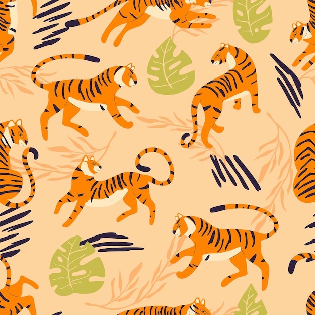 Seamless pattern with hand drawn exotic big cat tiger with tropical plants and abstract elements on light brown background Colorful flat vector illustration