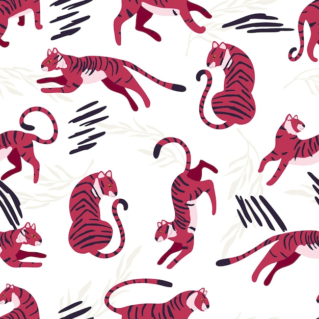 Seamless pattern with hand drawn exotic big cat viva magenta tiger with abstract elements on white background Colorful flat vector illustration