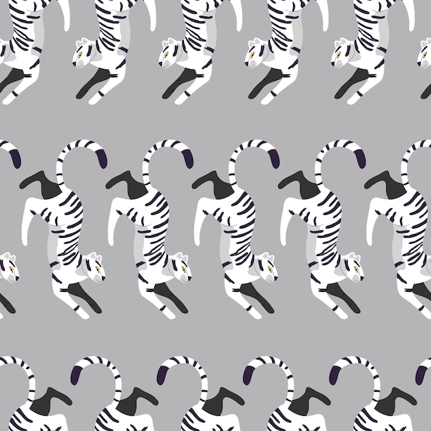 Seamless pattern with hand drawn exotic big cat white tiger on light gray background Colorful flat vector illustration