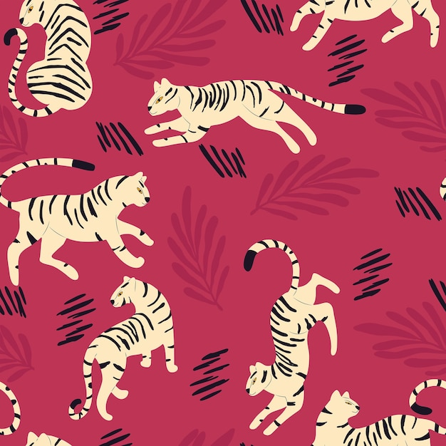 Seamless pattern with hand drawn exotic big cat white tiger with tropical plants and abstract elements on viva magenta background Colorful flat vector illustration