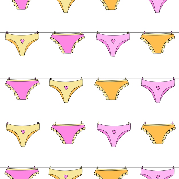 Vector seamless pattern with hand drawn female underwear hanging on clothesline.