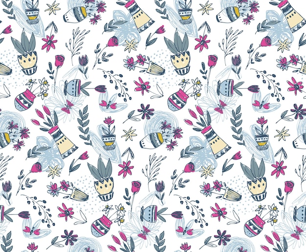 Seamless pattern with hand drawn floral nature motif and spring elements, flowers, trees, birds. Colorful endless vector background.