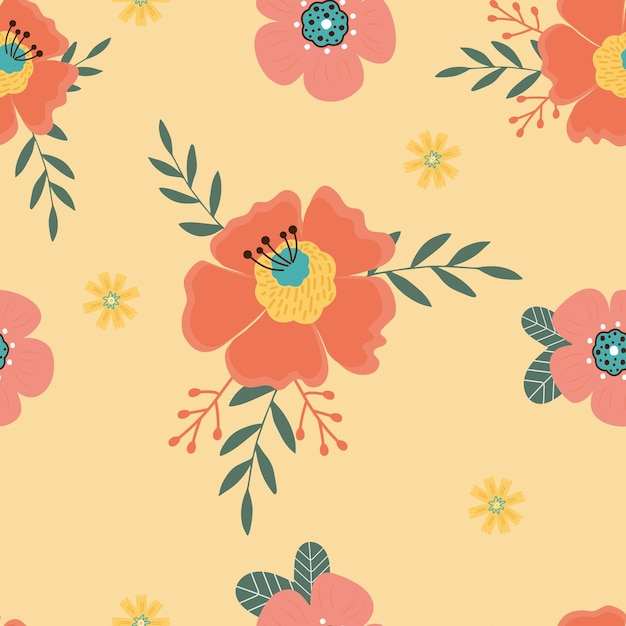 手描きの花と葉とブランのシームレスなパターン
