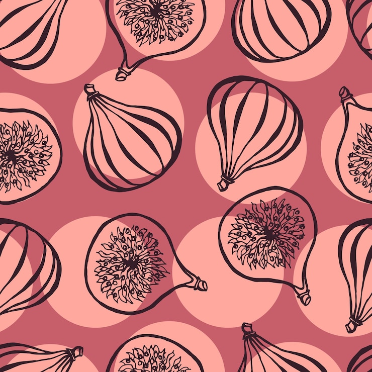 Vector seamless pattern with hand drawn fruits elements fig vegetarian wallpaper for design packaging textile background design postcards and posters