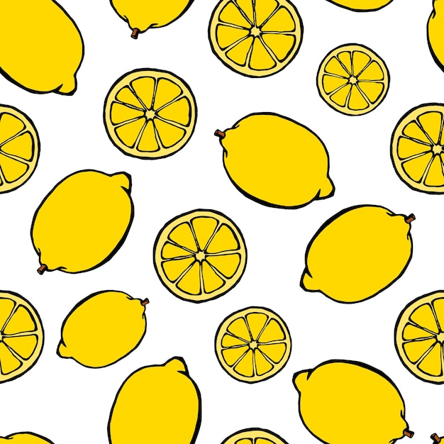 Modello senza cuciture con elementi di frutta disegnati a mano limone. carta da parati vegetariana. per imballaggi di design, tessuti, sfondi, cartoline e poster di design.