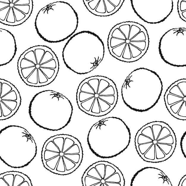 Seamless pattern with hand drawn fruits elements orange. Vegetarian wallpaper. For design packaging, textile, background, design postcards and posters.