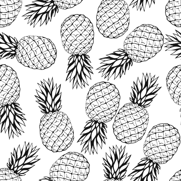 Seamless pattern with hand drawn fruits elements pineapple. Vegetarian wallpaper. For design packaging, textile, background, design postcards and posters.