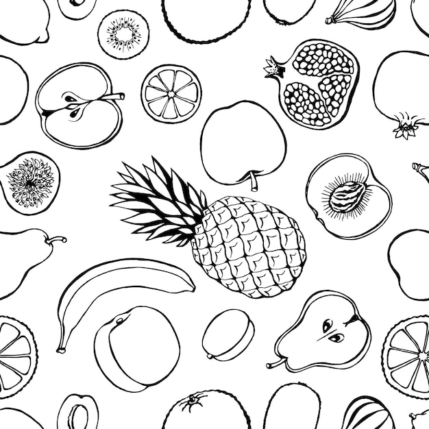 Seamless pattern with hand drawn fruits elements Vegetarian wallpaper