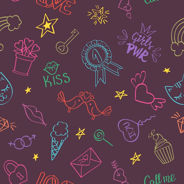 Seamless pattern with hand drawn girly doodles. Repeating background with childish sketch design elements.