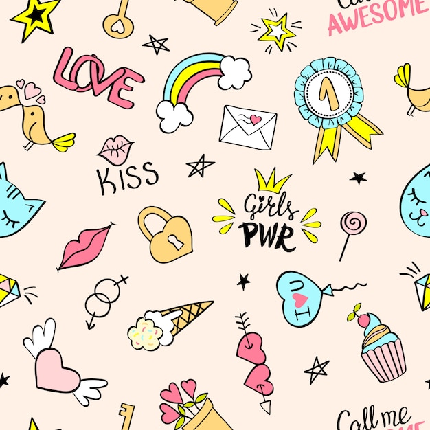 Seamless pattern with hand drawn girly doodles. 