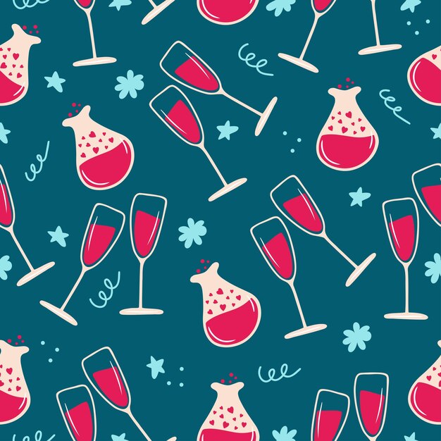 Vector seamless pattern with hand drawn glass bottle with love drink and two glasses